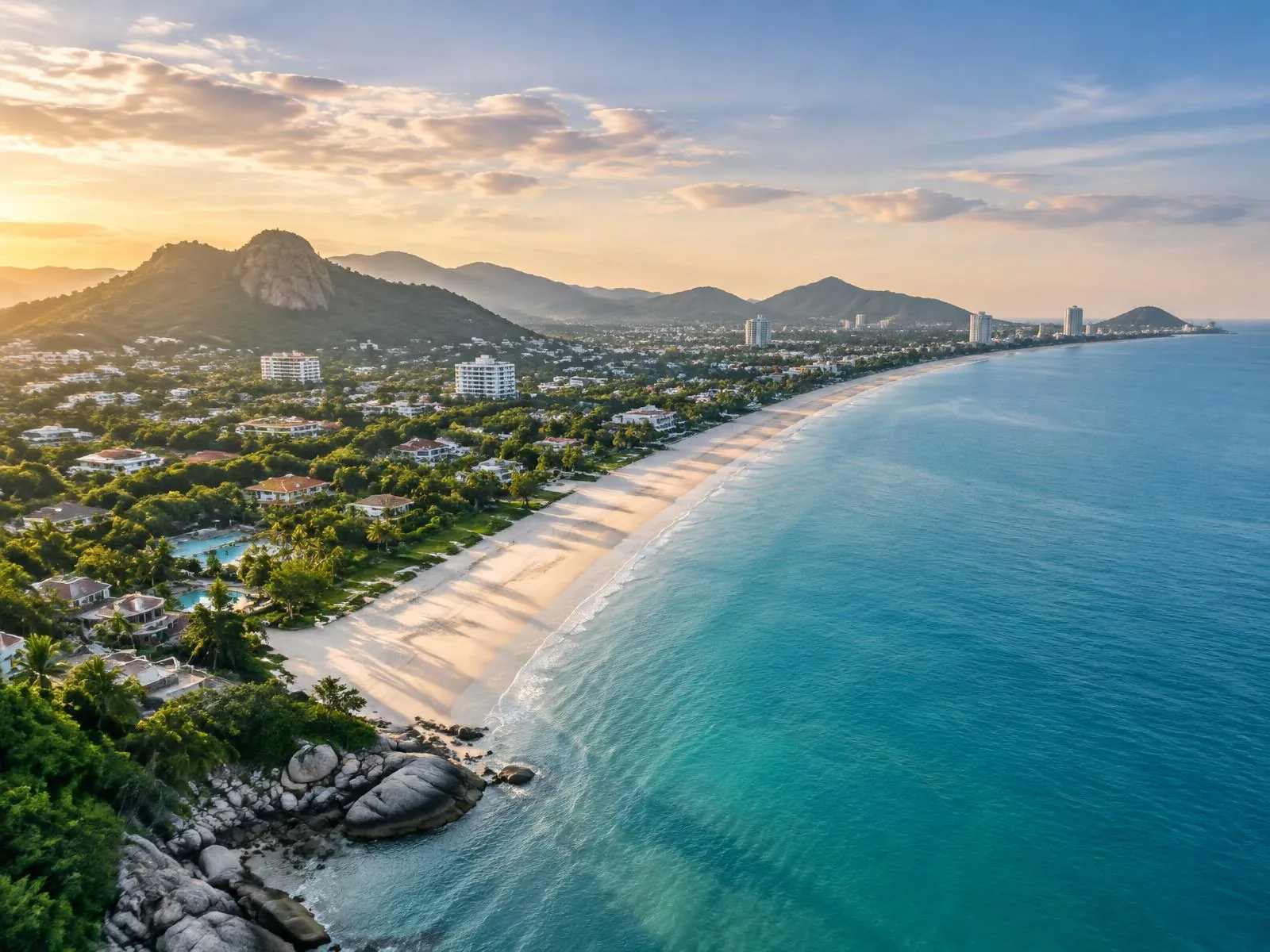 Hua Hin beach and coastline with hillside neighbourhoods beside the Gulf of Thailand