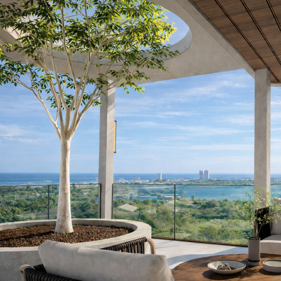 Private rooftop terrace with integrated tree, circular roof opening and views across Hua Hin
