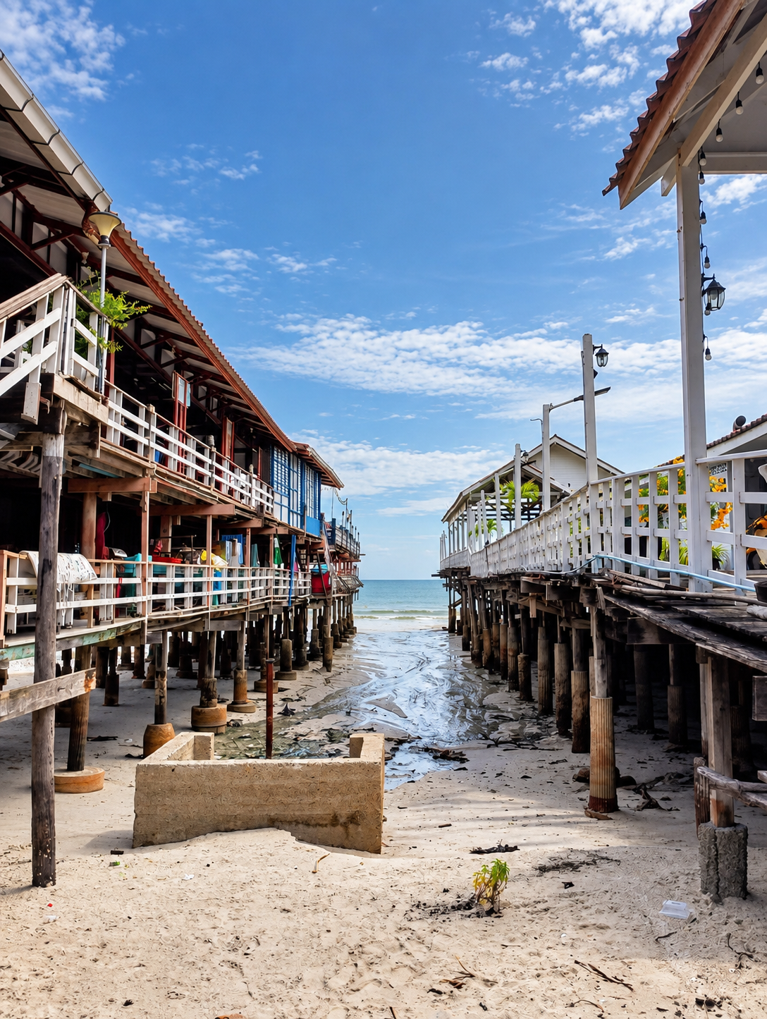 Waterfront buildings on stilts above the sand near Hua Hin fishing pier