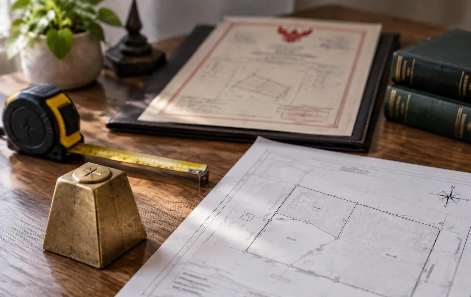 Surveying tools and a site plan arranged beside a land title document