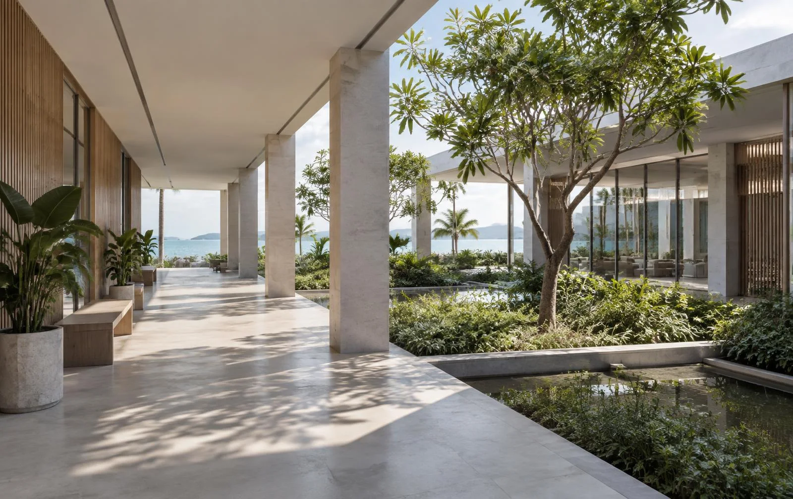 A calm shaded courtyard in contemporary coastal healthcare architecture