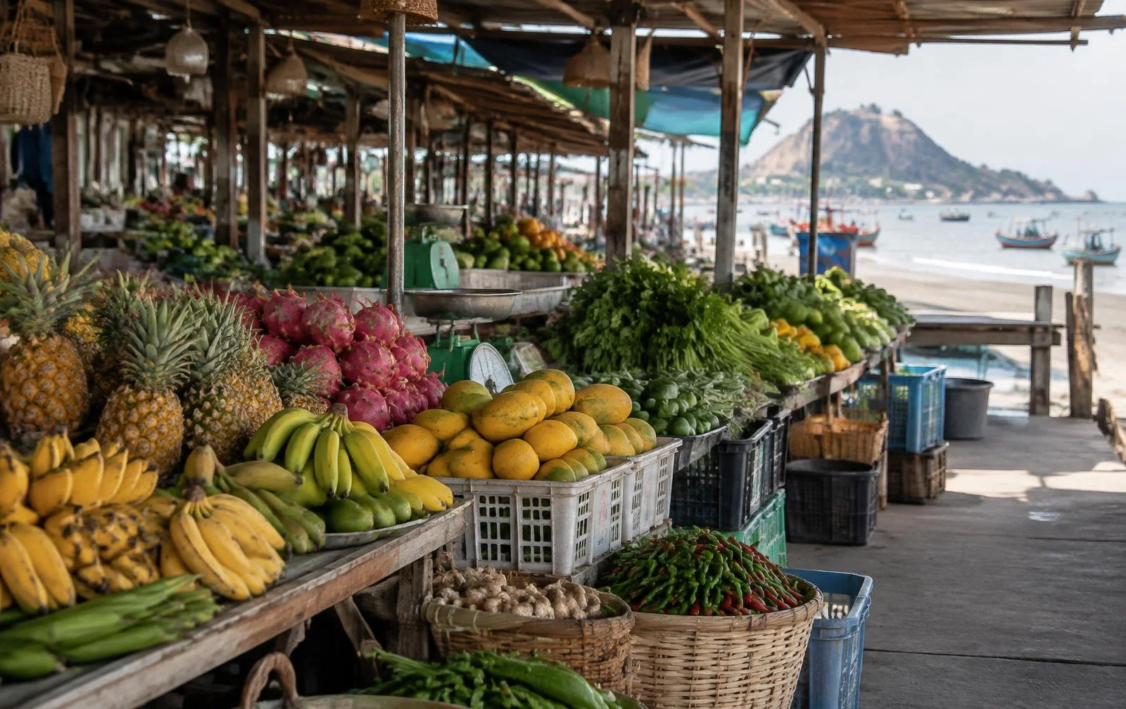 Fresh produce at a quiet morning market beside the Hua Hin coast