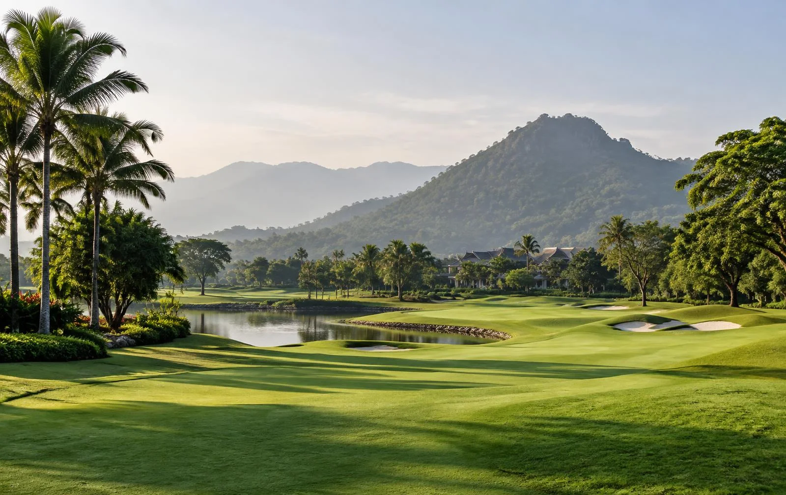 A quiet golf fairway framed by tropical trees and low mountains near Hua Hin