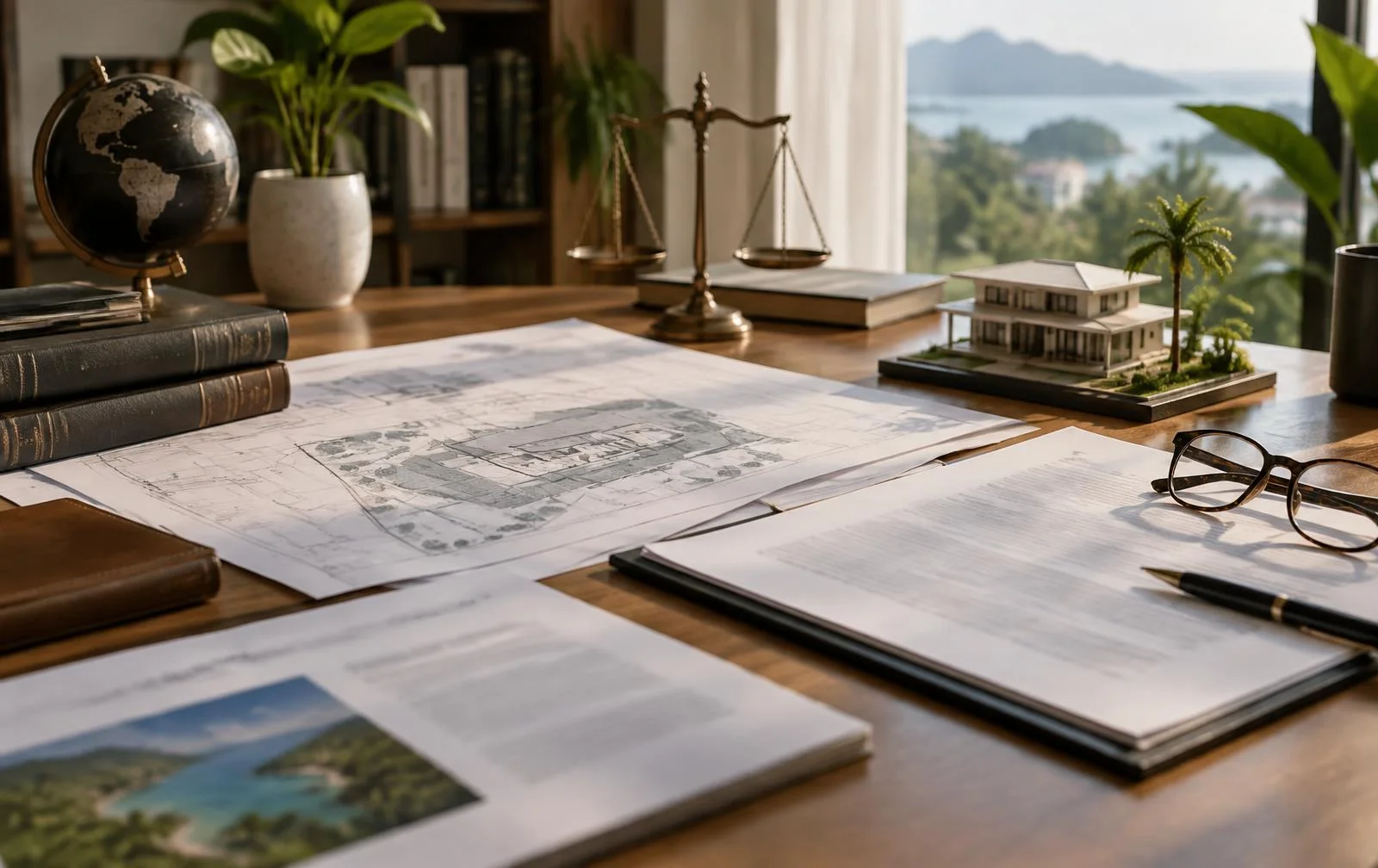 Architectural plans and legal papers arranged for careful property review