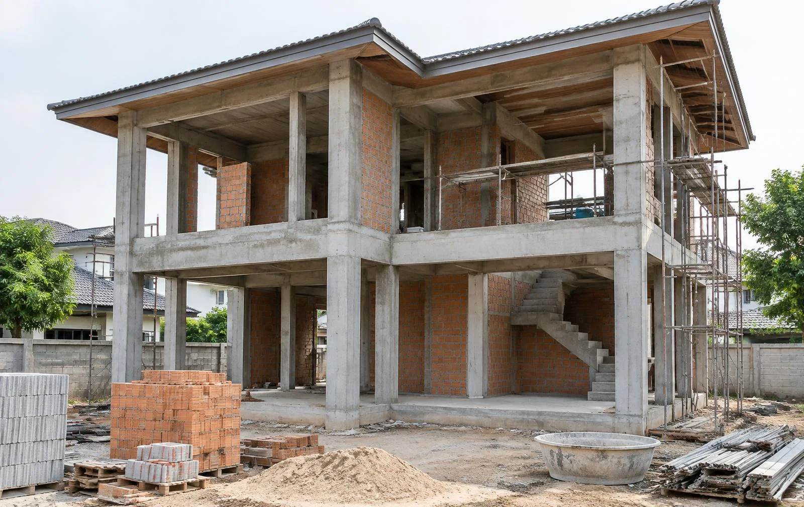 Concrete structure and masonry taking shape on a residential building site in Thailand