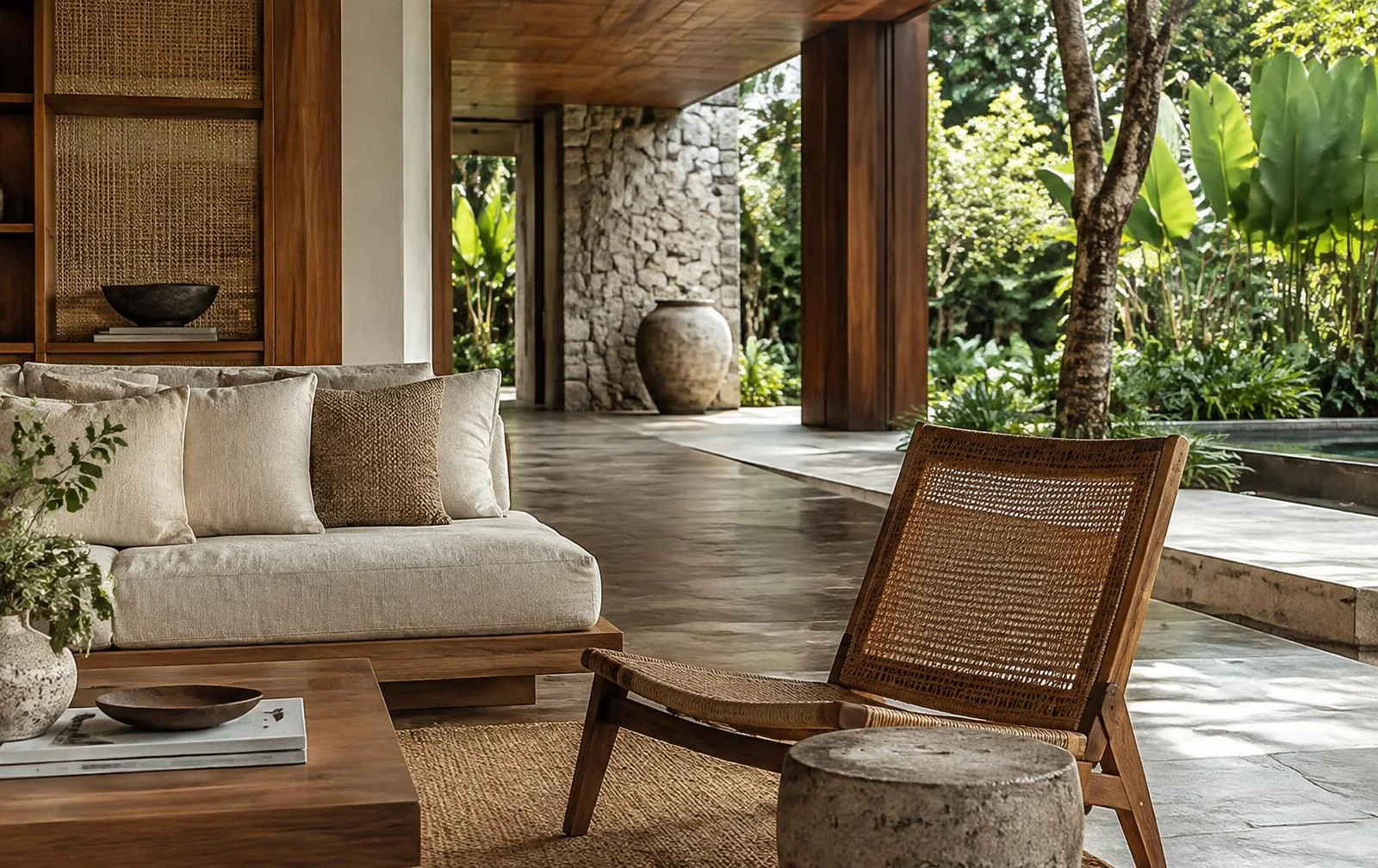 Teak, woven cane, linen and stone in a shaded tropical interior