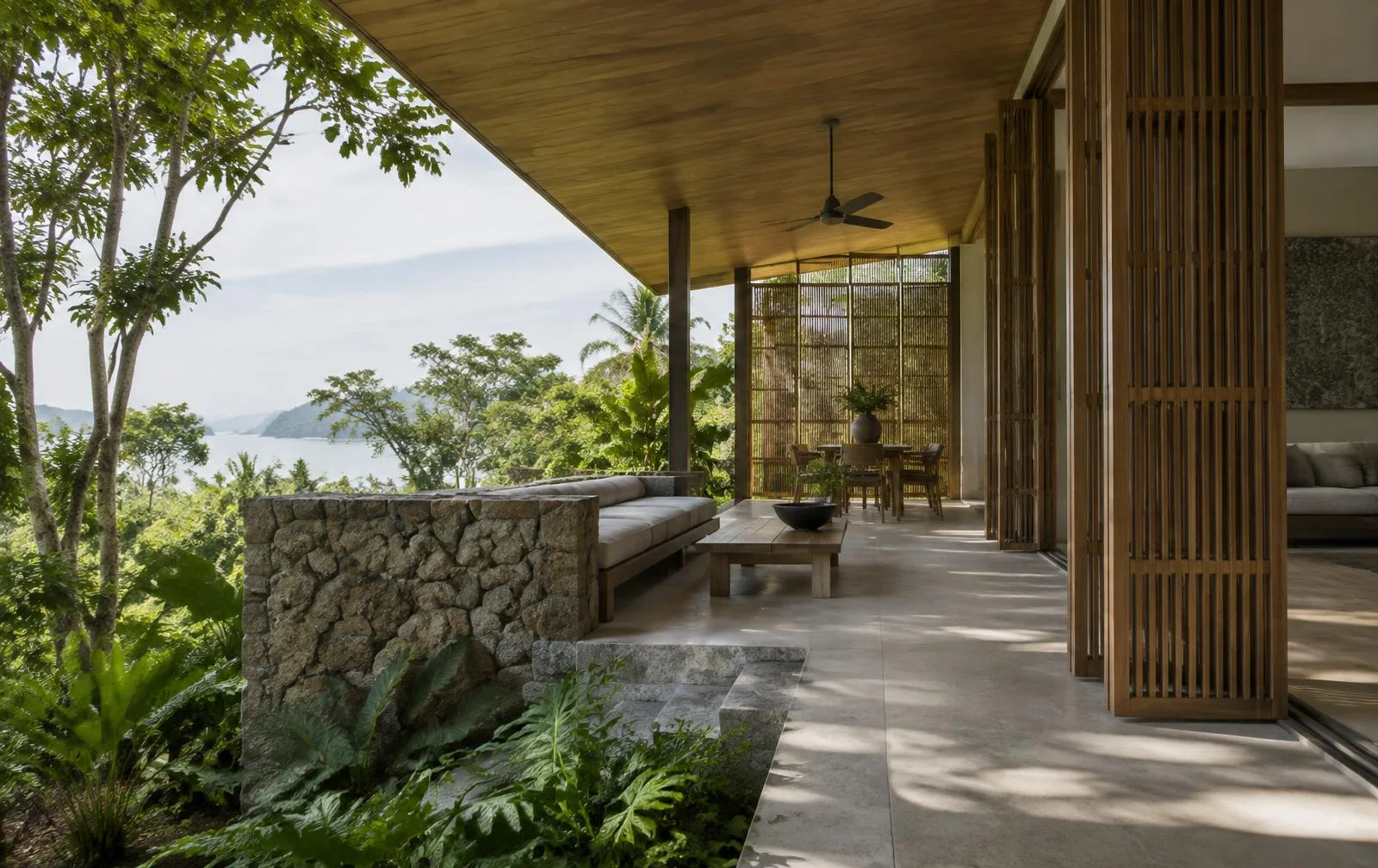 A deeply shaded tropical terrace with timber screens and open-air circulation
