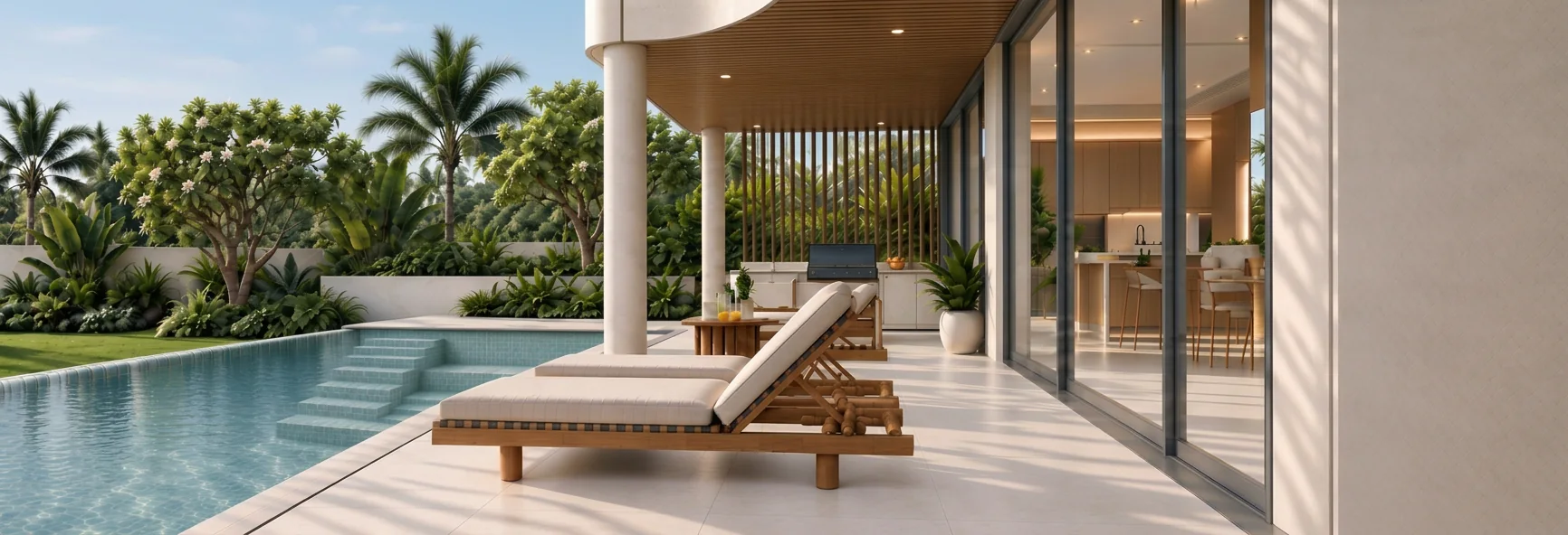 Pool terrace beside the living room of an X Series villa