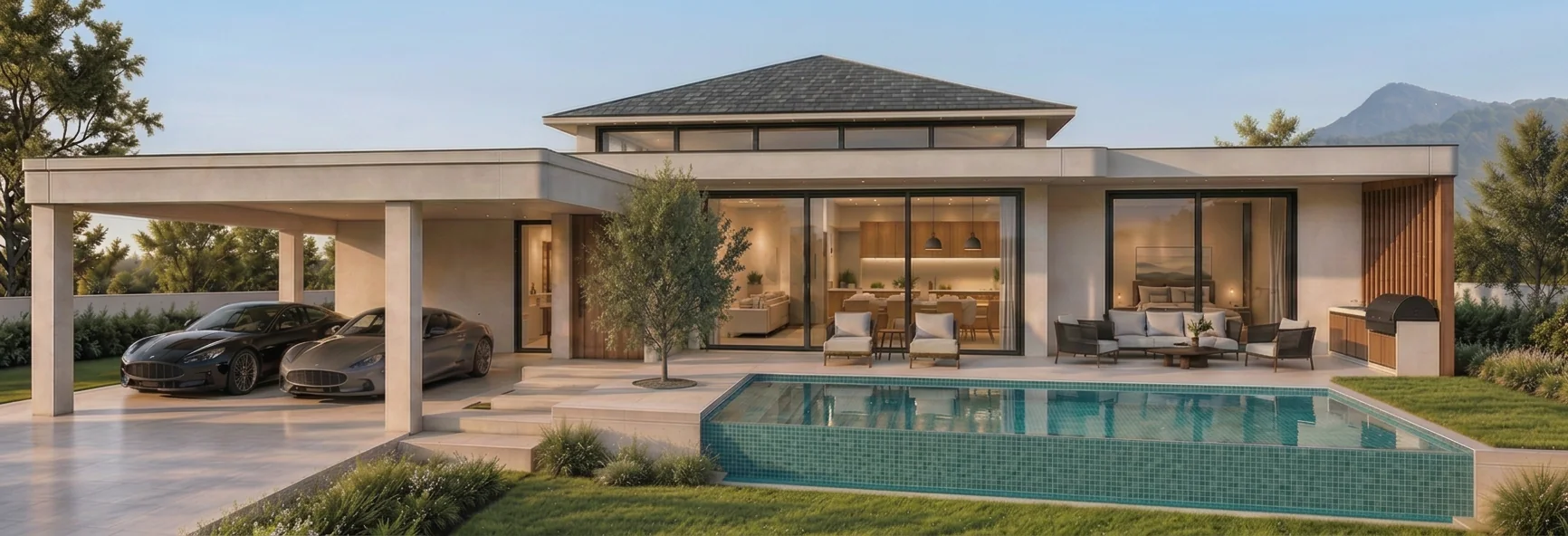 V2 villa garden with pool, terrace and carport